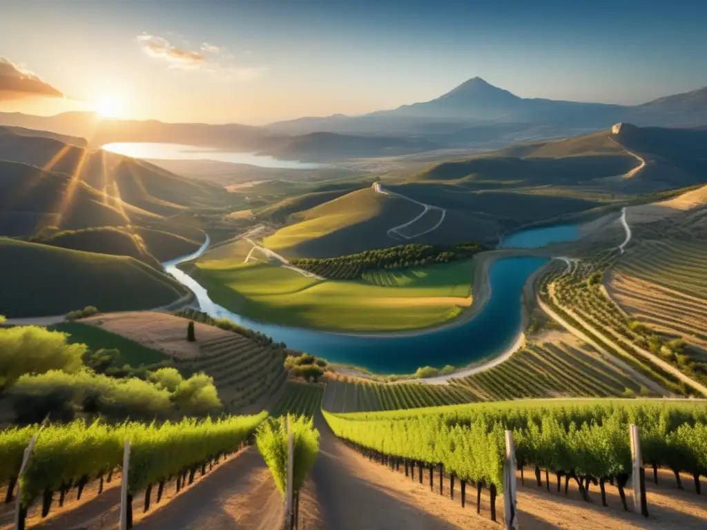 Explorando geografía Antigua Grecia: paisaje majestuoso con montañas, valles verdes y río serpenteante