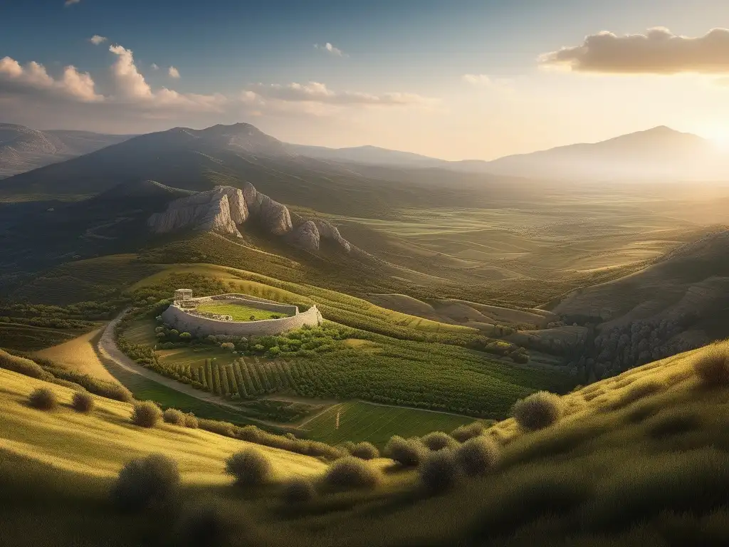 Paisaje panorámico de la antigua Grecia con montañas, campos verdes y estrategias defensivas (110 caracteres)