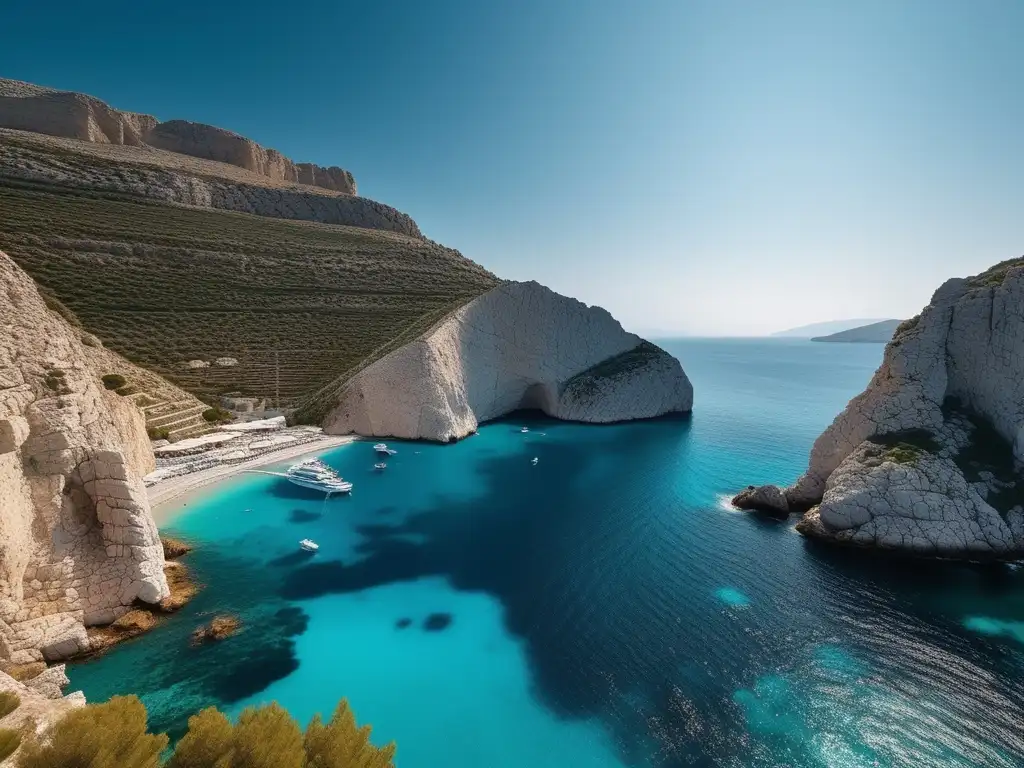 Paisaje costero de Grecia antigua con comercio marítimo