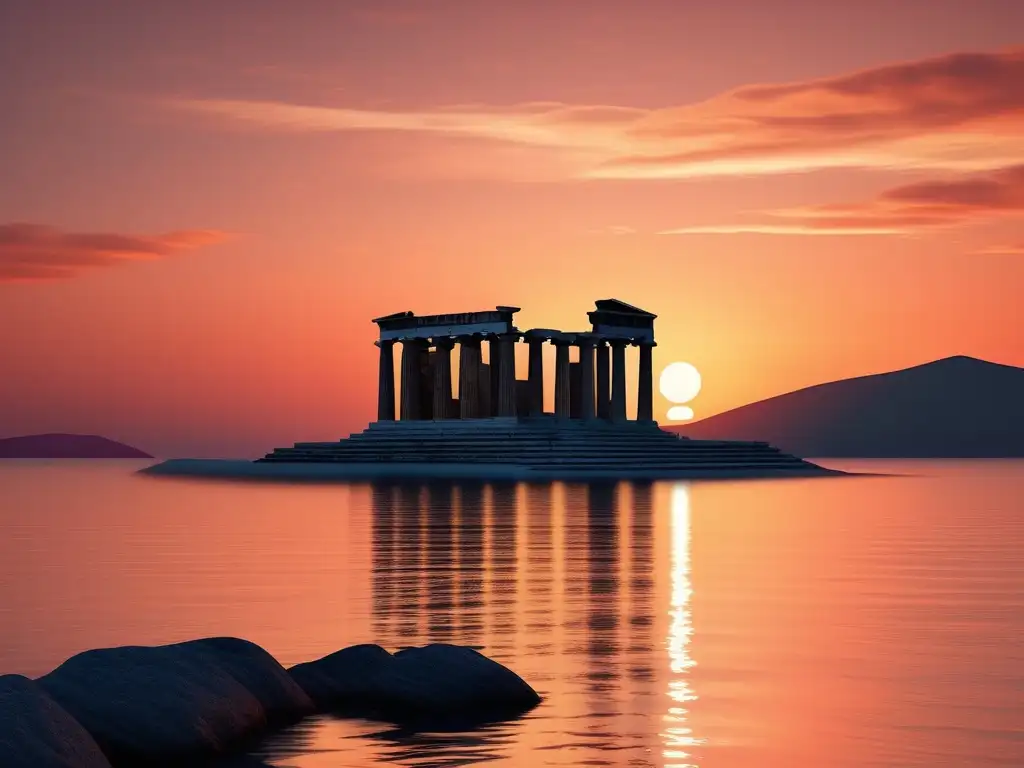 Influencia del mar en Grecia: paisaje costero griego al atardecer con mar cristalino, templos antiguos y cielo vibrante