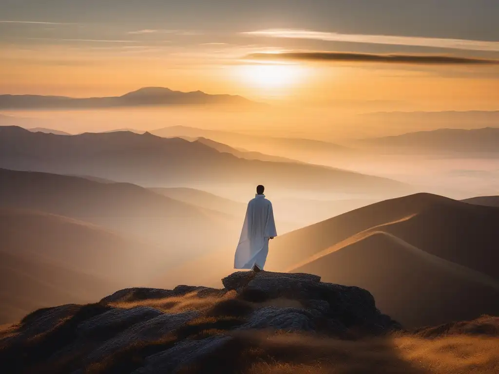 Figura solitaria en la cima de una montaña con un atardecer dorado detrás