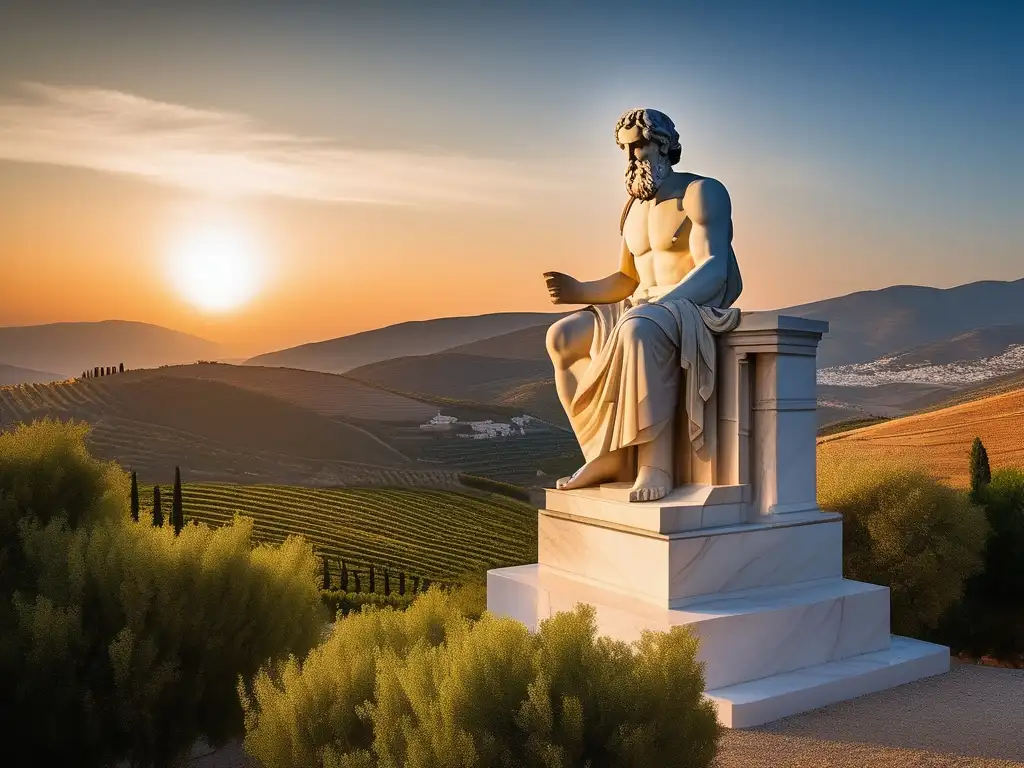 Paisaje griego al atardecer con estatua de Sócrates: Filosofía antigua griega