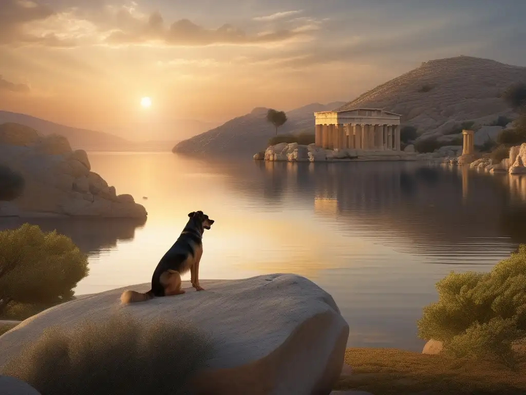 Paisaje griego al atardecer con perro: Importancia perros vida cotidiana Grecia