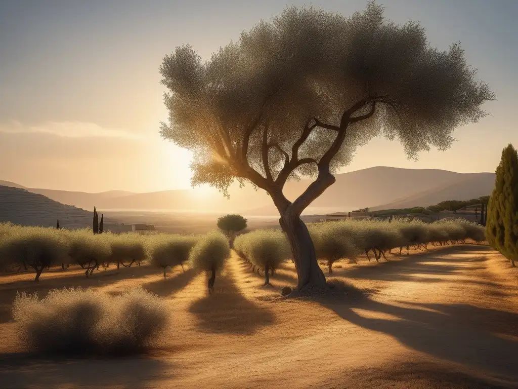 Innovación y cambio en la Antigua Grecia: paisaje sereno y minimalista con olivar, ruinas antiguas y luz dorada