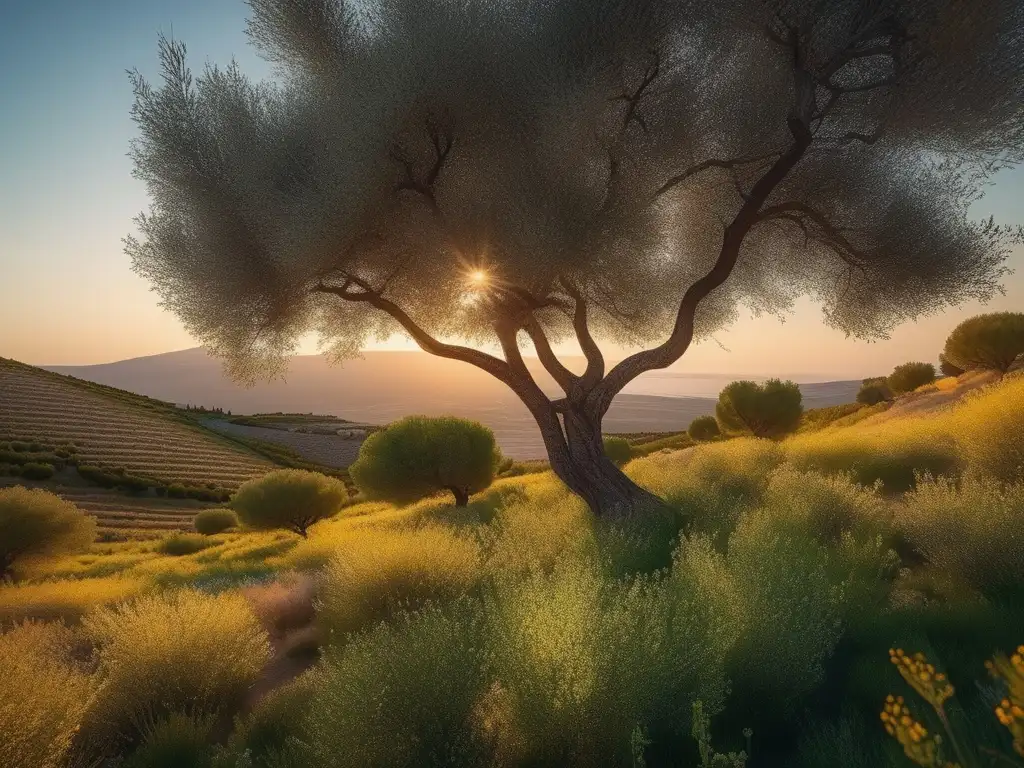 Fiestas y platos típicos de la Grecia Clásica en una imagen: Serene paisaje griego al atardecer con olivos, ruinas y colores cálidos