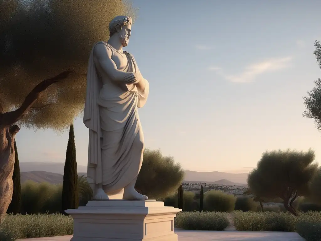 Importancia de la paideia en Grecia: paisaje griego sereno con estatua de filósofo, olivos y academia antigua al atardecer