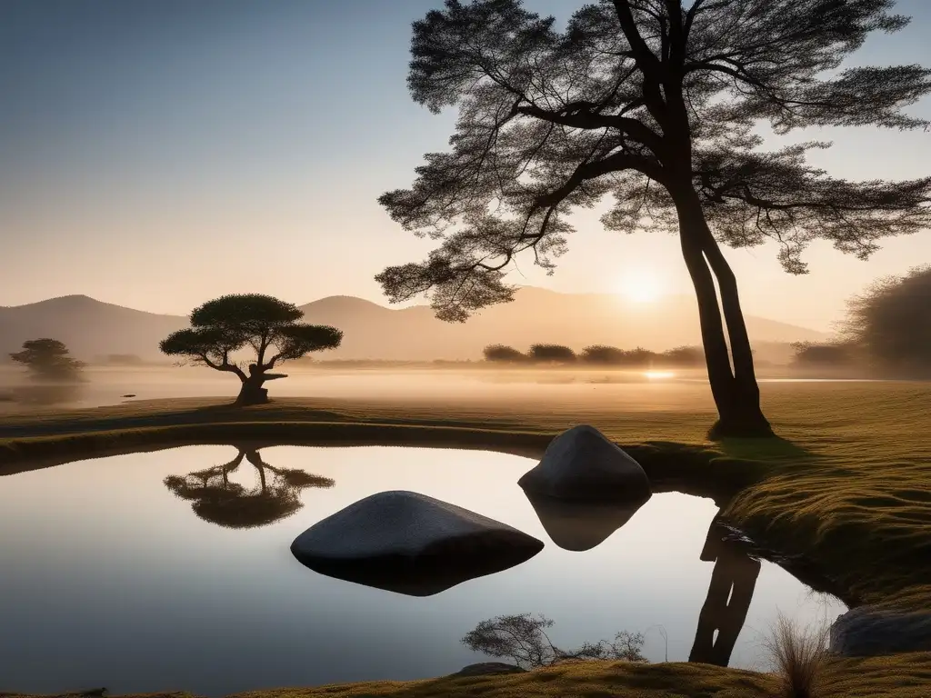 Paisaje sereno y minimalista con estanque reflejando el cielo - Filosofía Elea: ser inmutable