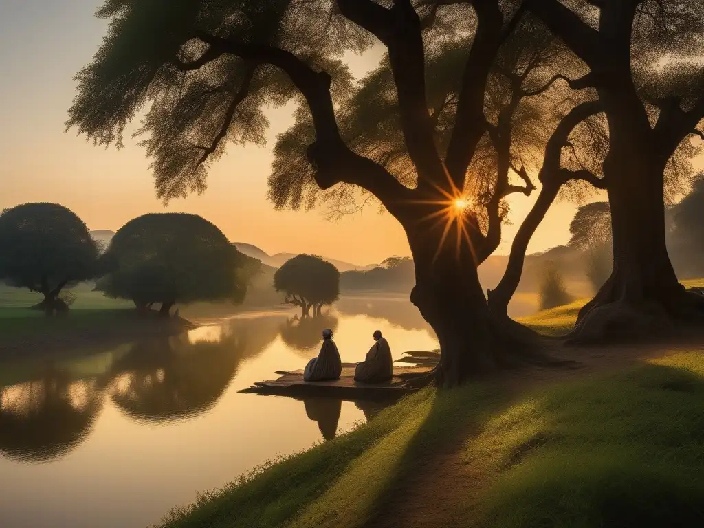 Paisaje atardecer con río tranquilo y filósofos - Origen y desarrollo de la filosofía presocrática