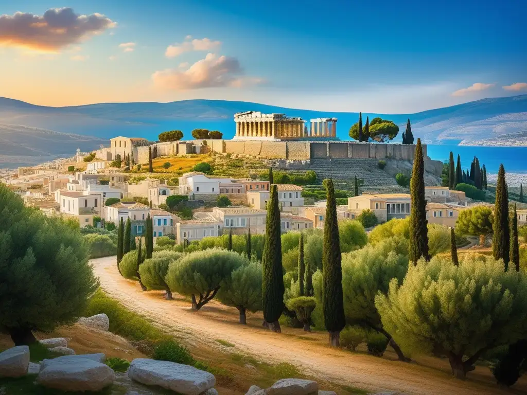 Paisaje sereno de la antigua Grecia con colinas verdes, pueblo encantador y ruinas del Partenón