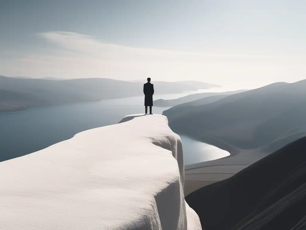 Filosofía estoica y autodisciplina: figura solitaria en un paisaje sereno y tranquilo, mostrando fuerza interior y resiliencia