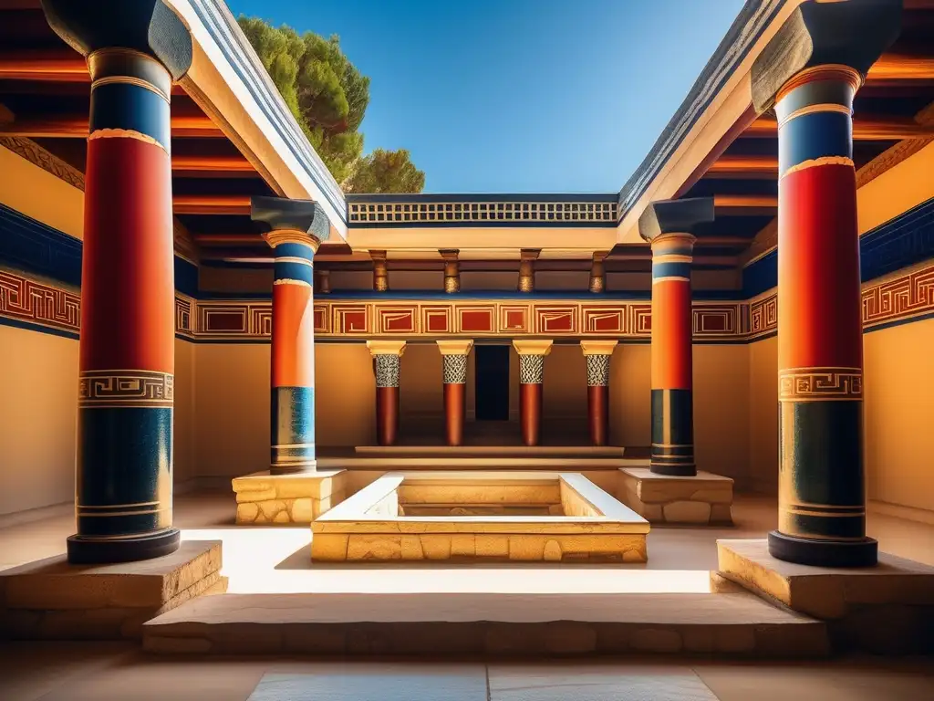 Descubriendo el laberinto del Minotauro en Creta - Imagen interior ultradetallada, fotorealista y minimalista del antiguo Palacio de Knossos