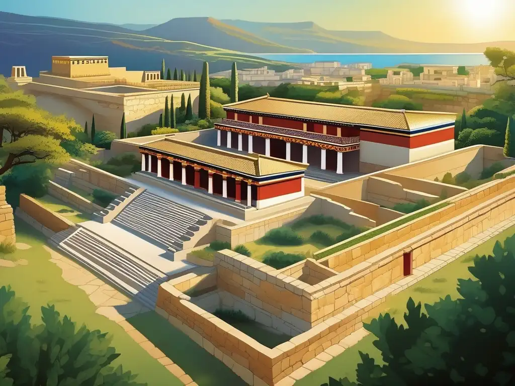 Influencia de Creta en civilización griega: Detalle del Palacio de Knossos, con su arquitectura ornamental, columnas masivas y frescos vibrantes