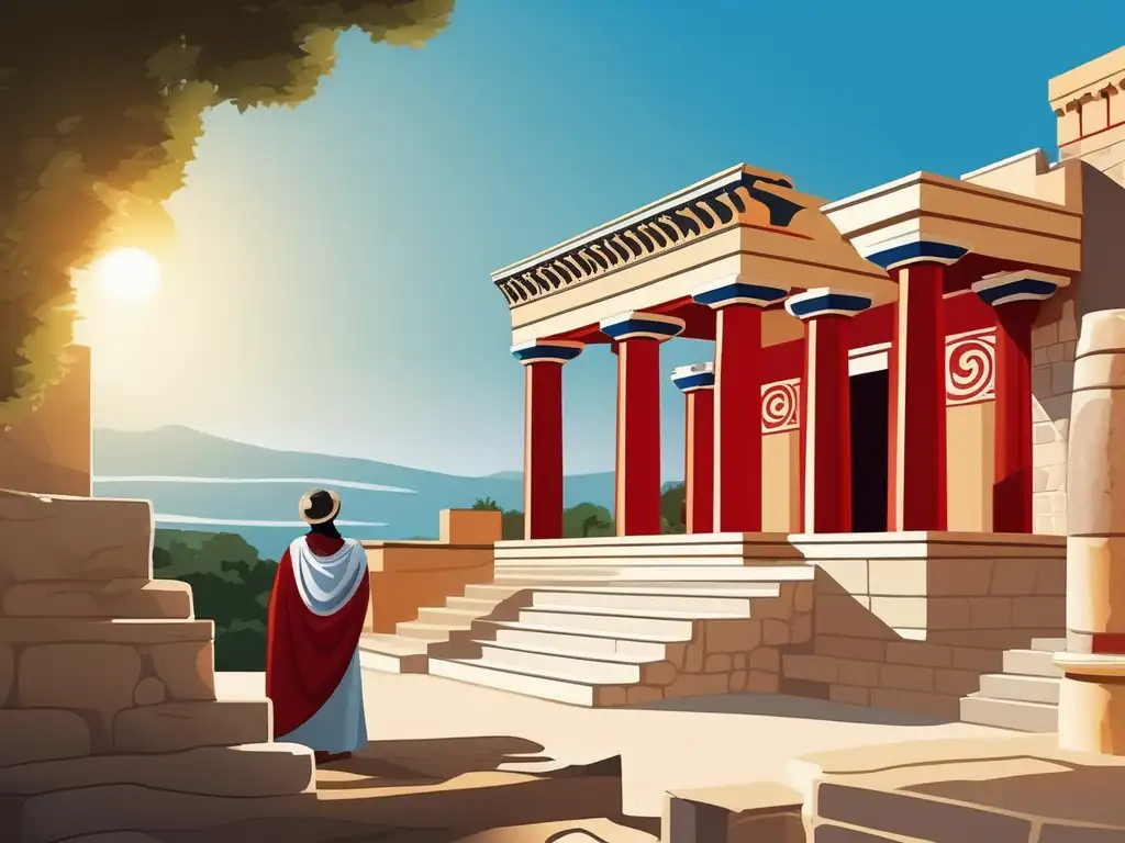 Influencia de Creta en civilización griega: Palacio de Knossos, frescos, columnas, antigüedad y grandeza