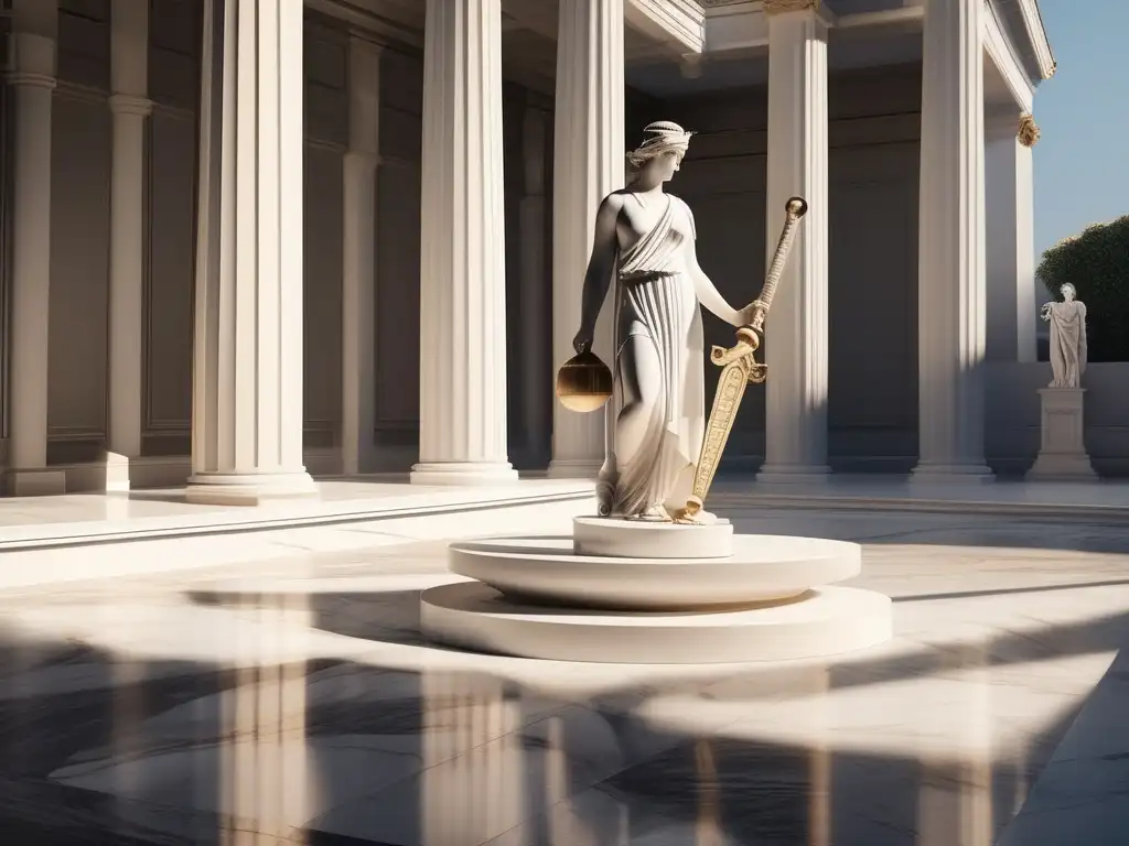 Courtyard griego antiguo con estatua de Themis, diosa griega de la justicia, reflejando historia y la Ley del Talión en Grecia