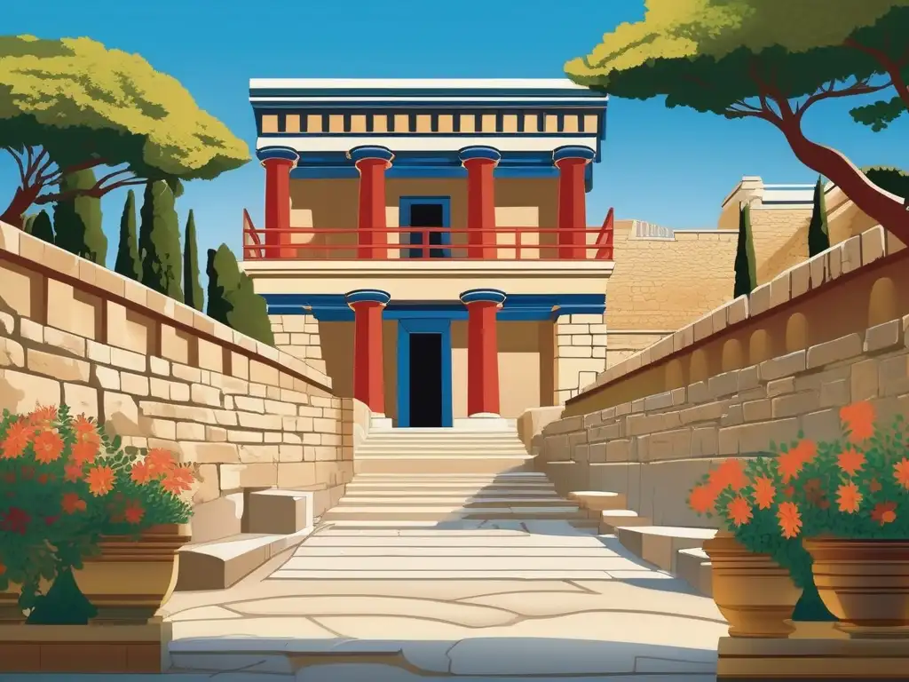 Entrada majestuosa del Palacio de Knossos en Grecia, con frescos mitológicos y camino hacia el laberinto (Historia del mito de Teseo y el Minotauro)