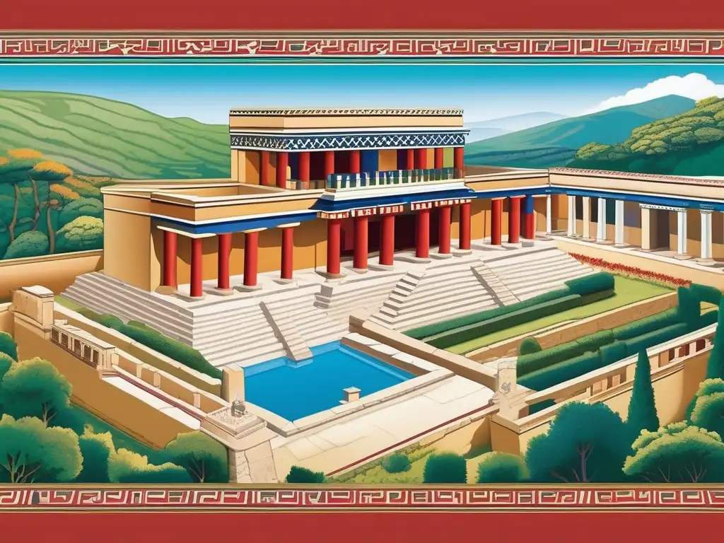 Imágen impactante del Palacio de Knossos, capital antigua minoica, enmarcado por verdes colinas y cielo azul