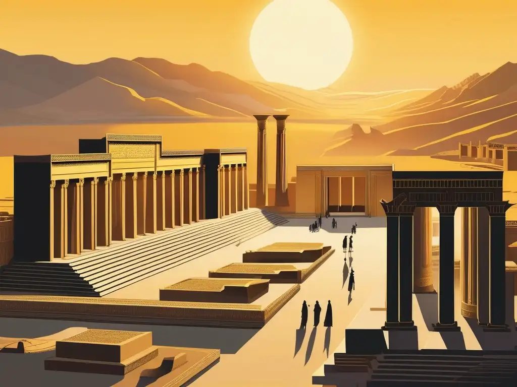 Alejandro Magno conquista Persia: vista panorámica de Persepolis, capital imperial del imperio persa, con columnas, grabados y patios