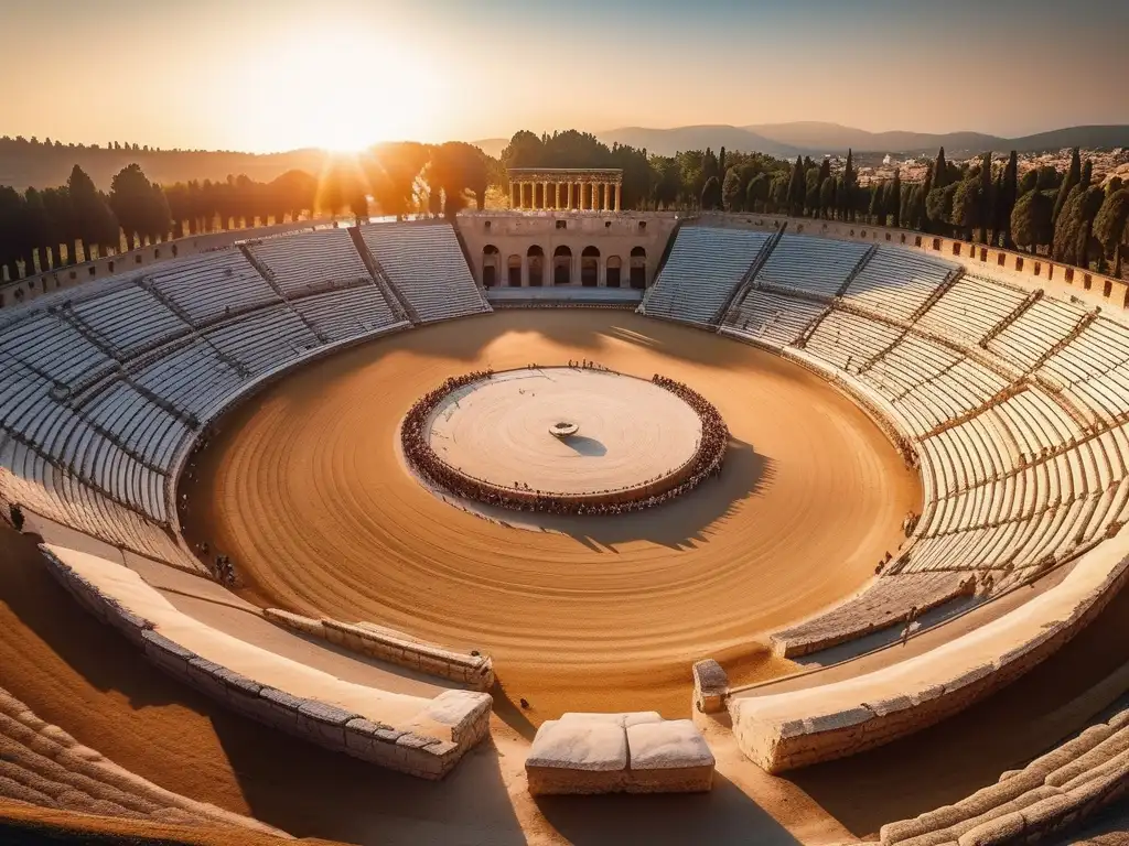 Competencias ecuestres en Grecia antigua: Vista panorámica del antiguo Hipódromo en Olympia, lleno de espectadores esperando emocionados el inicio de las carreras de carros