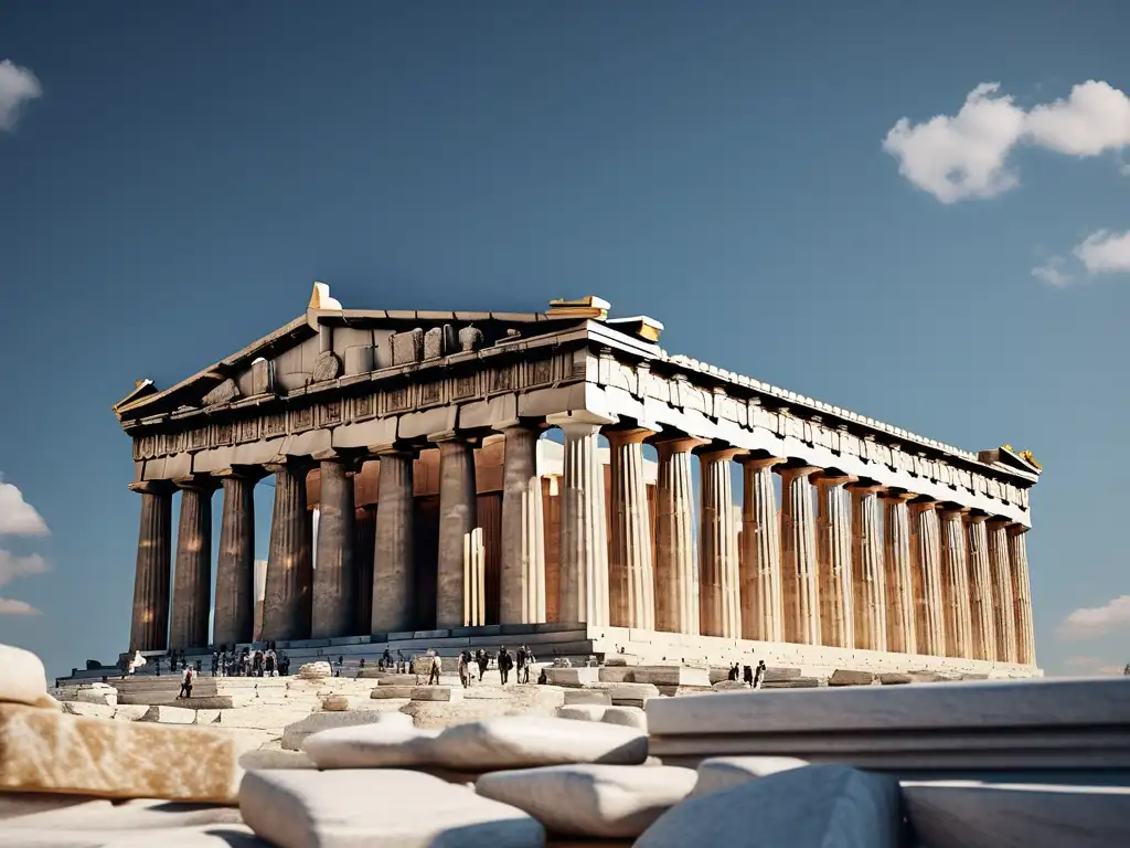 Imagen 8K del Parthenon en la Acrópolis de Atenas, reflejando la majestuosidad y elegancia del Periodo Clásico en Grecia