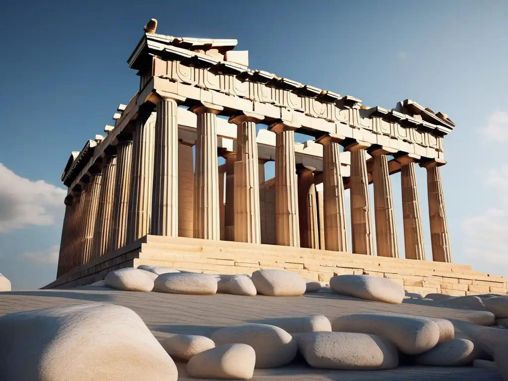 Vista impresionante del Parthenon, símbolo de arquitectura griega, destacando su grandeza y detalles en 8k