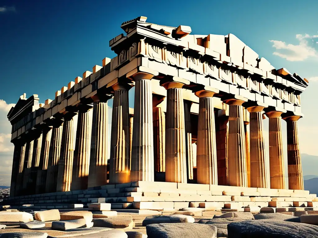 Imagen del majestuoso Parthenon en la Acrópolis de Atenas, Patrimonio cultural (110 caracteres)