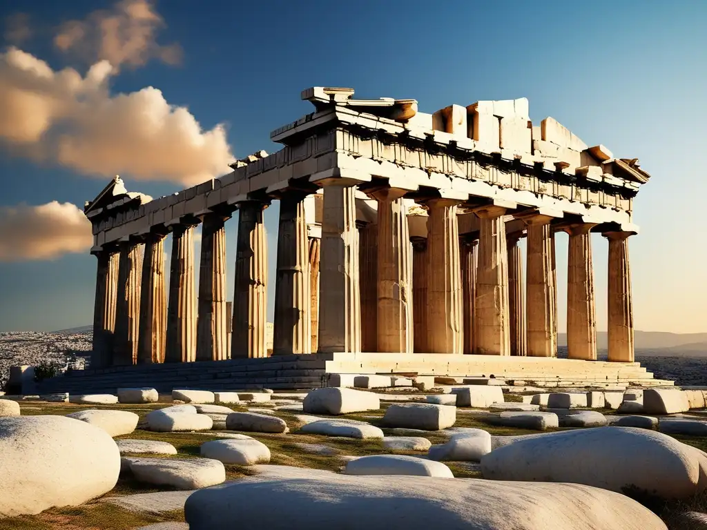 Templo griego Parthenon en Acropolis: Imagen 8k ultradetallada muestra la majestuosidad y detalles arquitectónicos del templo, iluminado por el sol