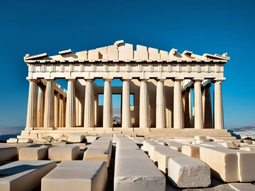 Descubre el Parthenon, símbolo de la arquitectura griega, en una imagen minimalista y fotorealista