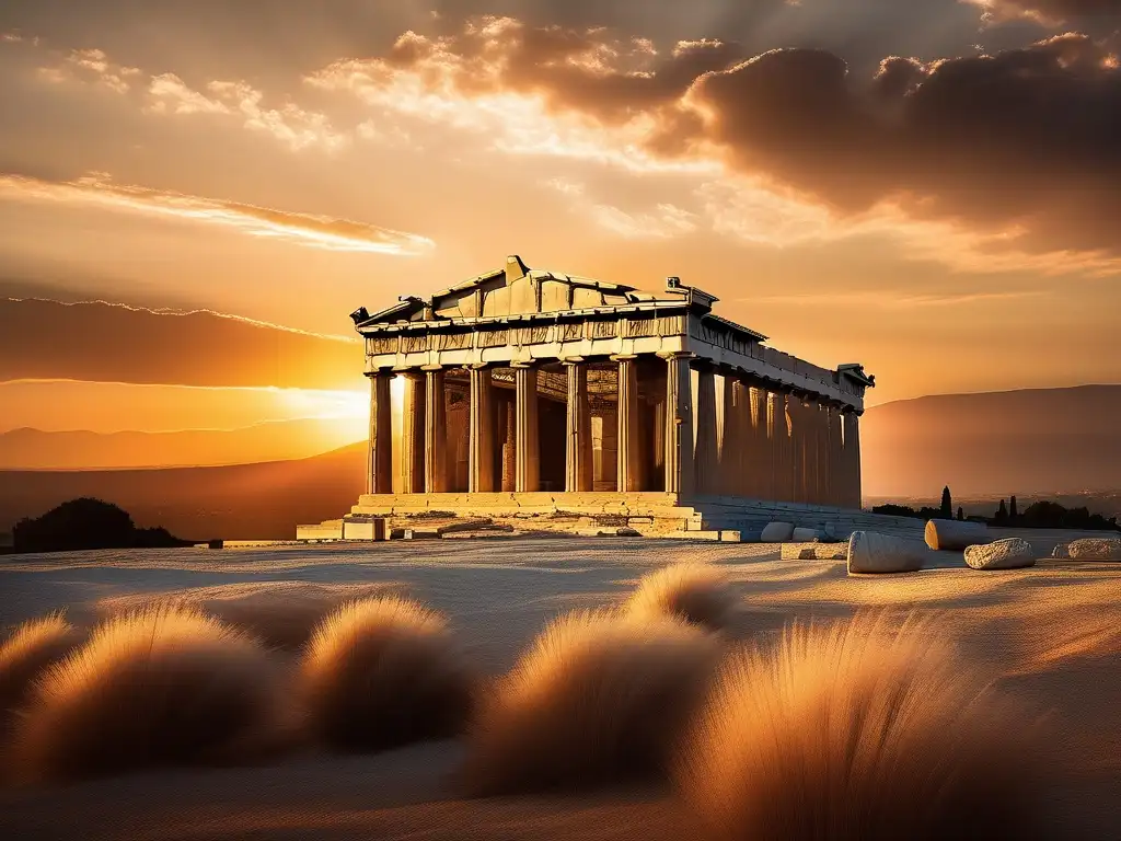 Historia y arquitectura del Partenón en una imagen impresionante del atardecer, resaltando su majestuosidad y detalles intrincados