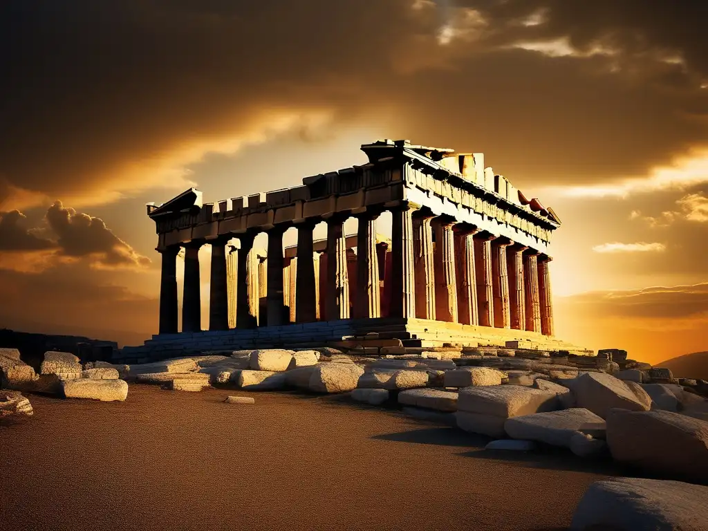 Influencia de la Guerra del Peloponeso en la actualidad: Parthenon al atardecer, majestuoso y simétrico