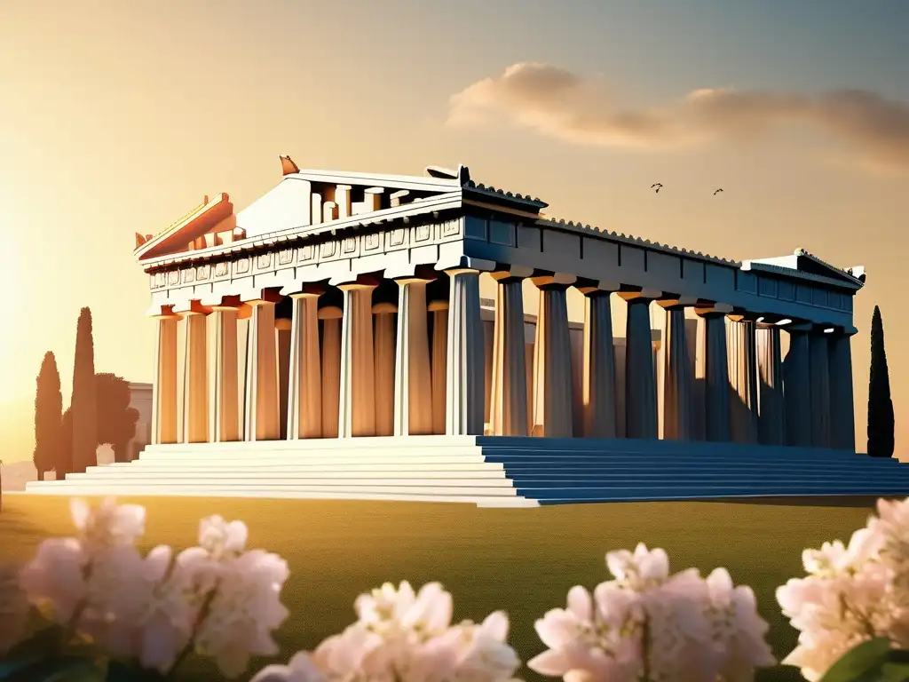 Influencia de Pericles en Grecia: Imagen serena del icónico Parthenon en la antigua Grecia, bañado en luz dorada y rodeado de naturaleza vibrante