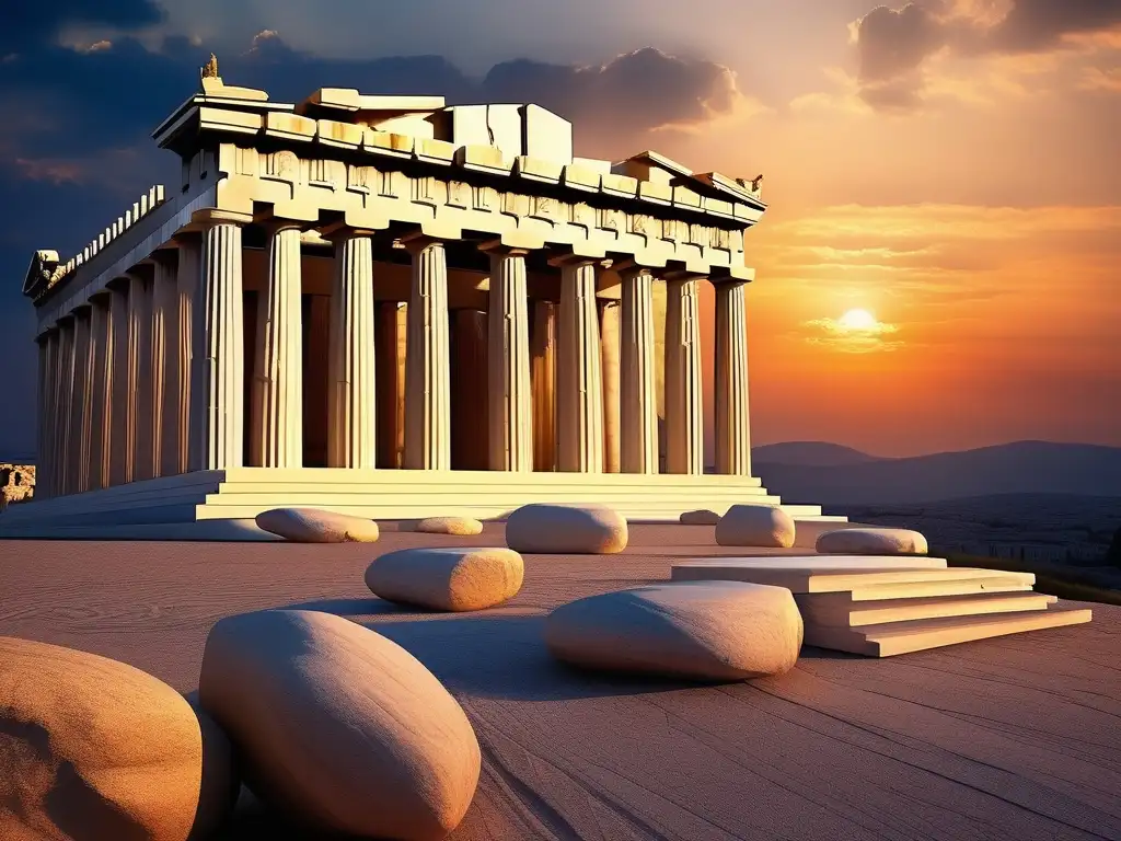 Parthenon, templo icónico dedicado a Atenea, con impresionante detalle fotorealista de arquitectura griega y ambiente sereno