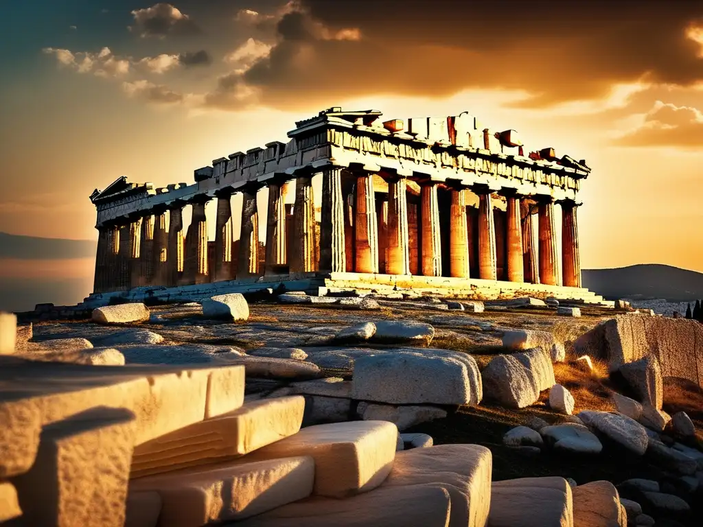 Parthenon en la cima de la Acrópolis en Atenas, majestuosa obra maestra de la arquitectura griega (Historia de la arquitectura griega)