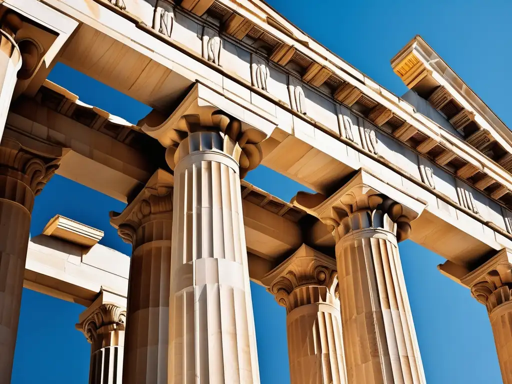 Importancia de física y matemáticas en Antigua Grecia: Parthenon imponente en cielo azul, resalta grandiosidad arquitectónica