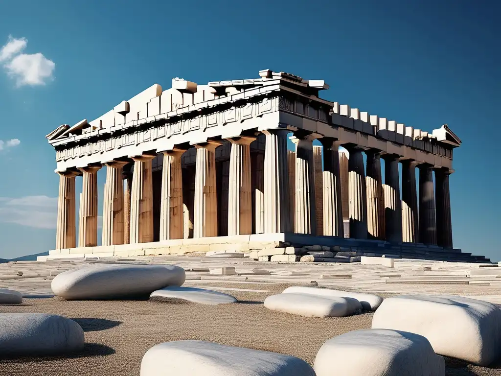 Parthenon en Atenas: Templo griego icónico, con columnas de mármol blanco y detalles arquitectónicos impresionantes