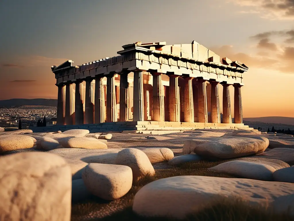 Importancia educación cultura Grecia: Parthenon, obra maestra arquitectónica griega, majestuoso templo en Atenas, resplandece al atardecer