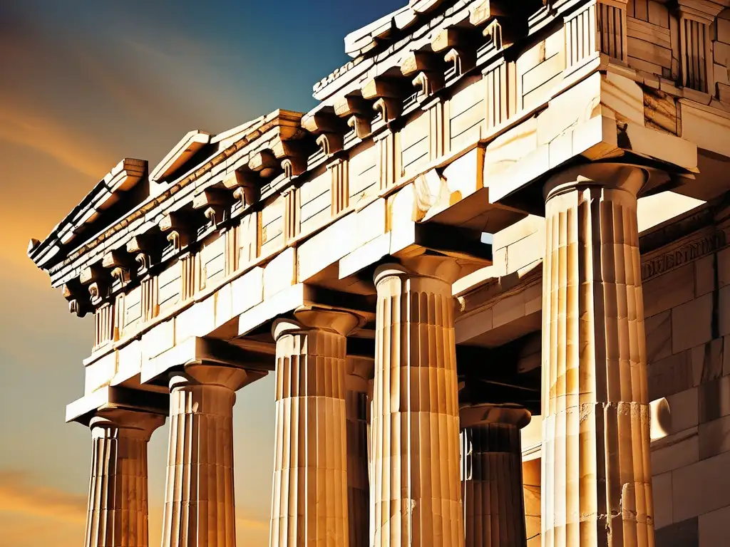 Parthenon en Atenas, templo de Atenea con detalles arquitectónicos, resaltando la importancia de los Juegos Panatenaicos en la Antigua Grecia