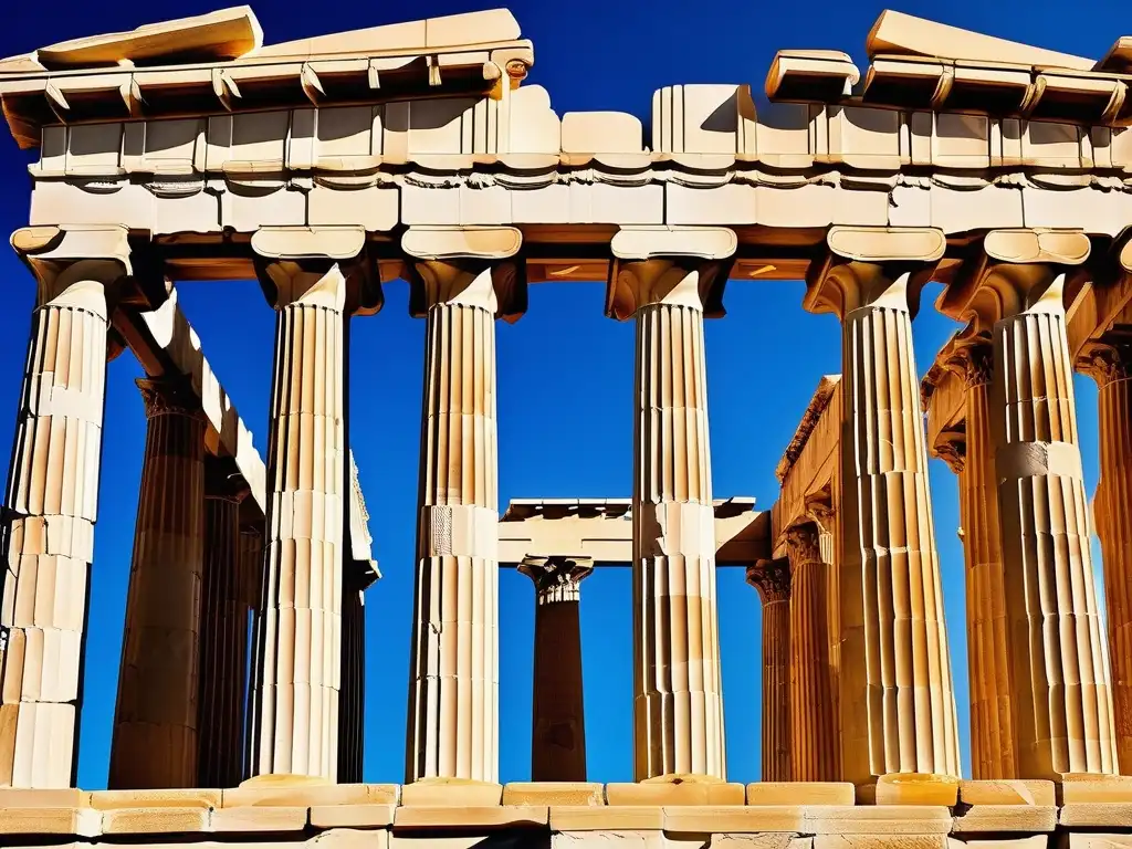 Detalle impresionante del Parthenon, templo griego antiguo, con exquisito diseño y construcción