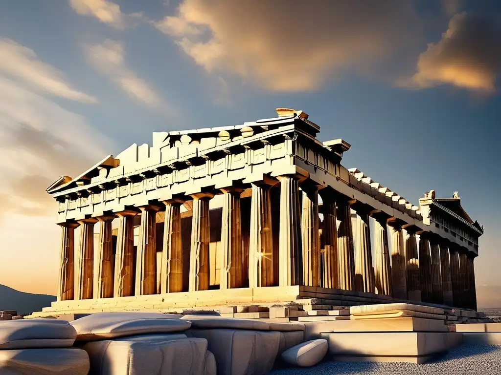 Imagen impresionante del Parthenon, bañado en luz dorada, resaltando su belleza y detalles arquitectónicos