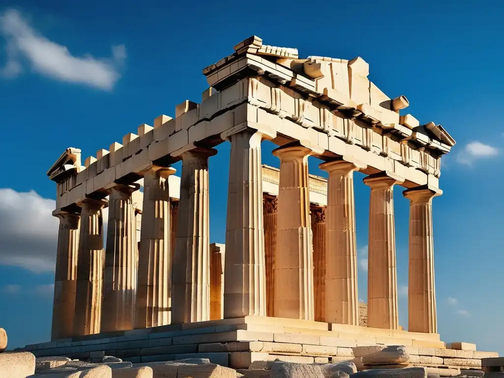 Descubriendo los misterios de Atenas antigua: Imagen detallada y realista del majestuoso Parthenon, resaltando sus detalles arquitectónicos