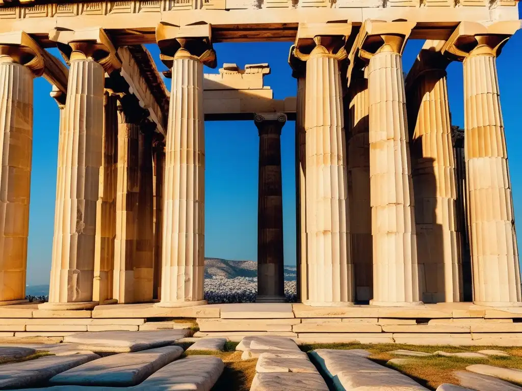 Templos griegos y su arquitectura divina: Parthenon dorado en cielo azul, reflejo de belleza y cultura