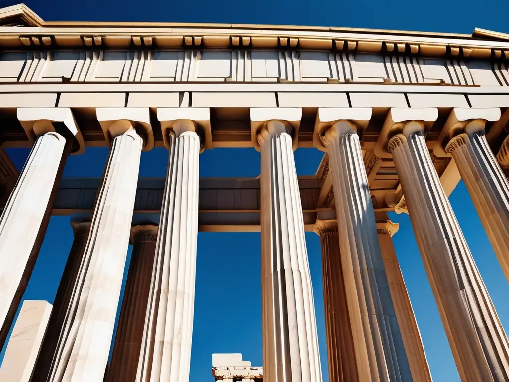 Descubriendo los misterios de Atenas antigua: Parthenon en un cielo azul, detallado y majestuoso