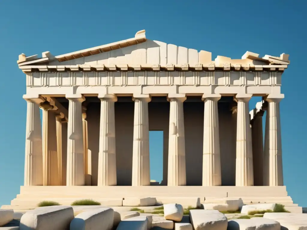 Historia y arquitectura del Partenón: majestuosa imagen fotorealista del Partenón, esculturas detalladas y maravillosa iluminación solar