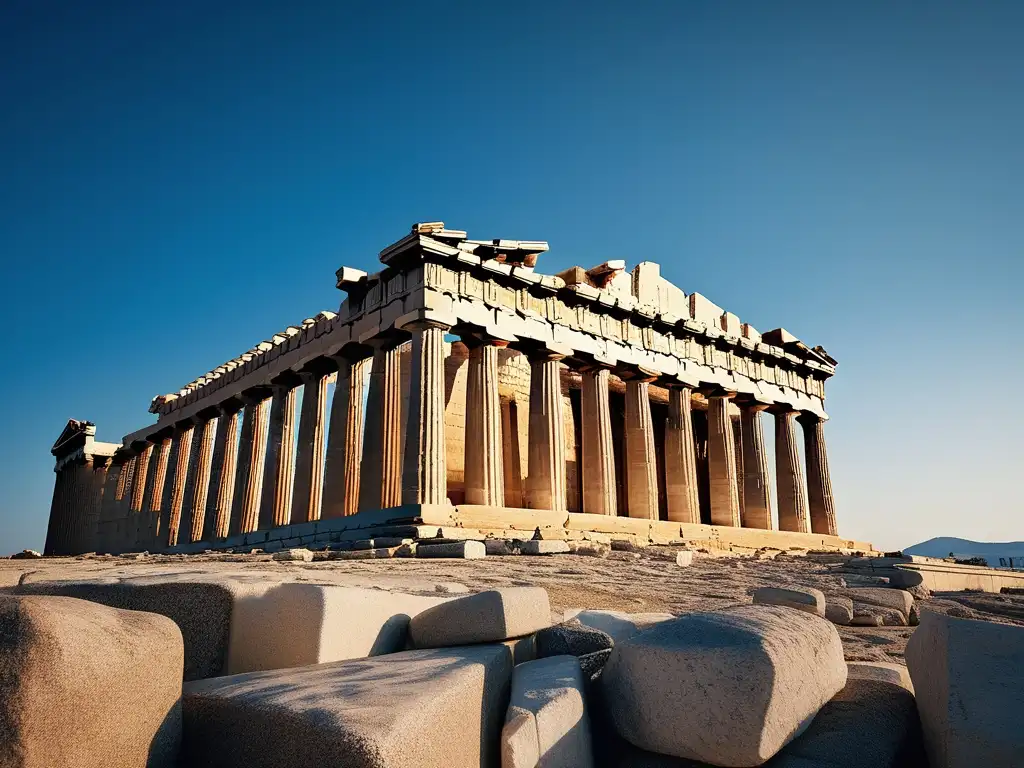 Construcción griega con materiales básicos: Parthenon en Atenas, Grecia, capturado en imagen impresionante