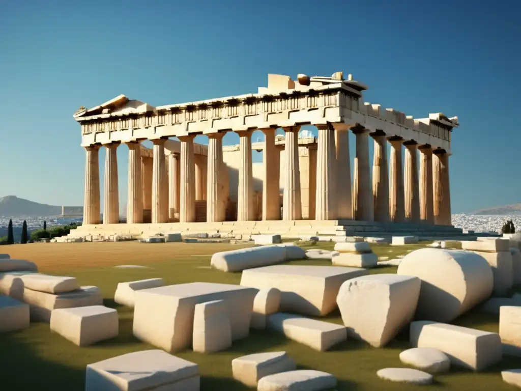 Influencia calendario en Antigua Grecia: Parthenon en el cielo azul, majestuoso y detallado, captivante