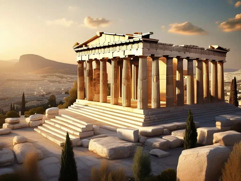 Mujer en la Antigua Grecia: Rol y status - Templo de la diosa Atenea en la Acrópolis de Atenas, resaltando su grandiosidad y detalles arquitectónicos