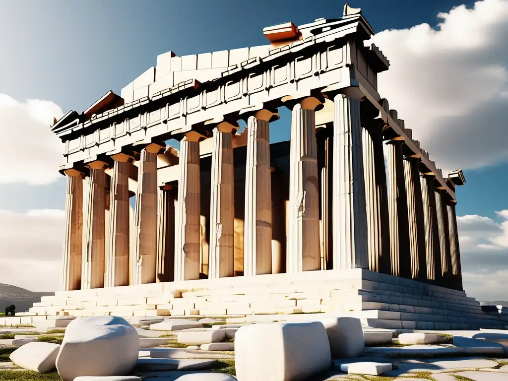 Influencia de la Atenas de Pericles en Occidente: Parthenon en mármol blanco, sol y detalles arquitectónicos