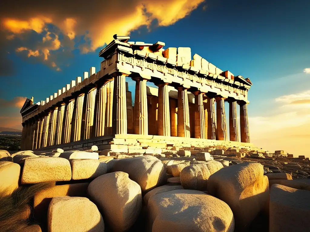 Celebración Panateneas Grecia: Parthenon bañado en luz dorada, resalta procesión y belleza arquitectónica