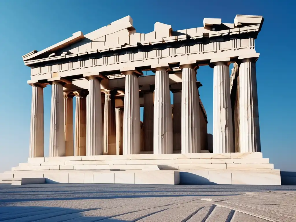 Importancia geometría sagrada en Grecia - Parthenon en mármol blanco, simetría precisa, líneas limpias, arquitectura griega