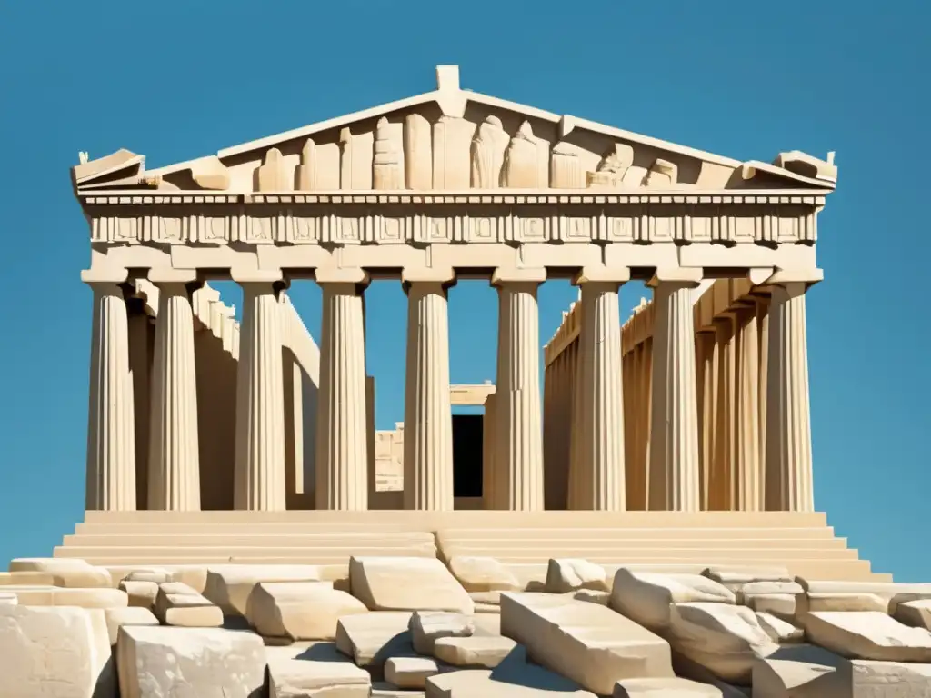 Influencia Grecia antigua en democracia moderna: Imagen detallada del icónico templo Partenón en Atenas, Grecia, destaca en cielo azul