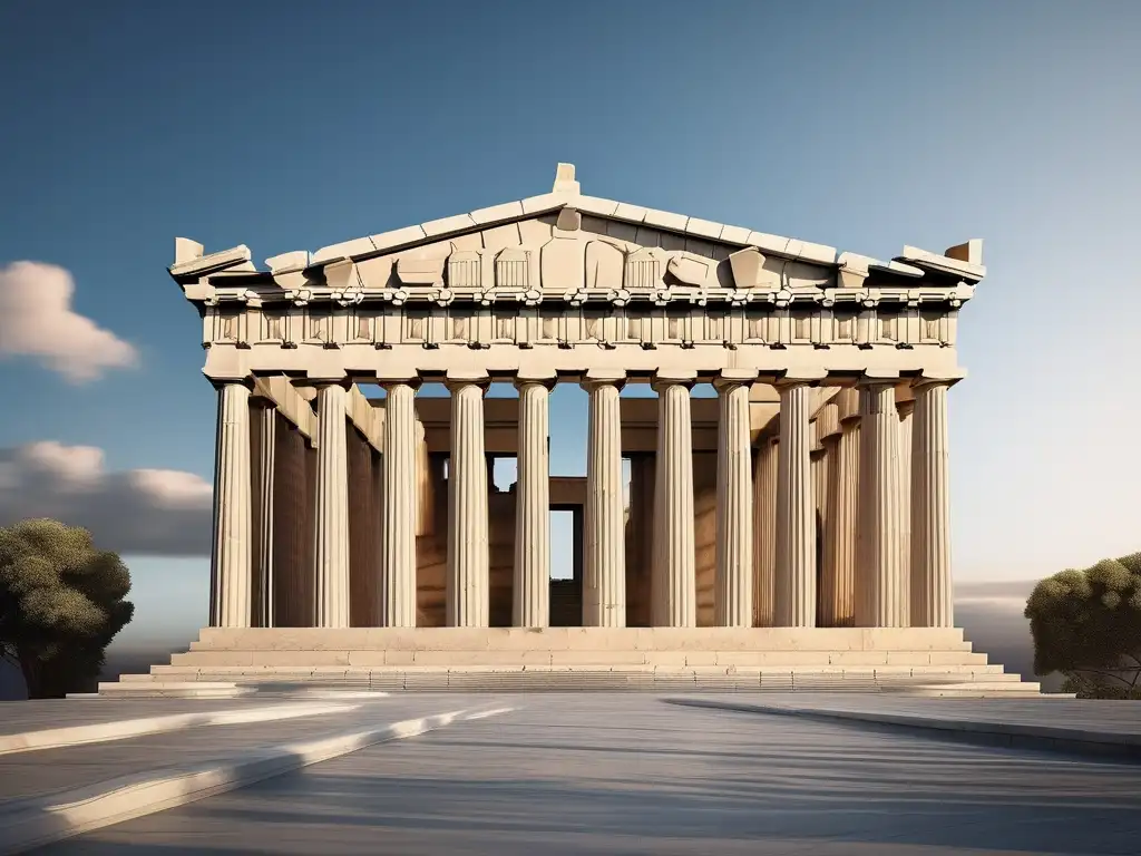 Importancia del Periodo Clásico en Grecia: Parthenon, arquitectura majestuosa y simétrica con columnas dóricas y cielo azul